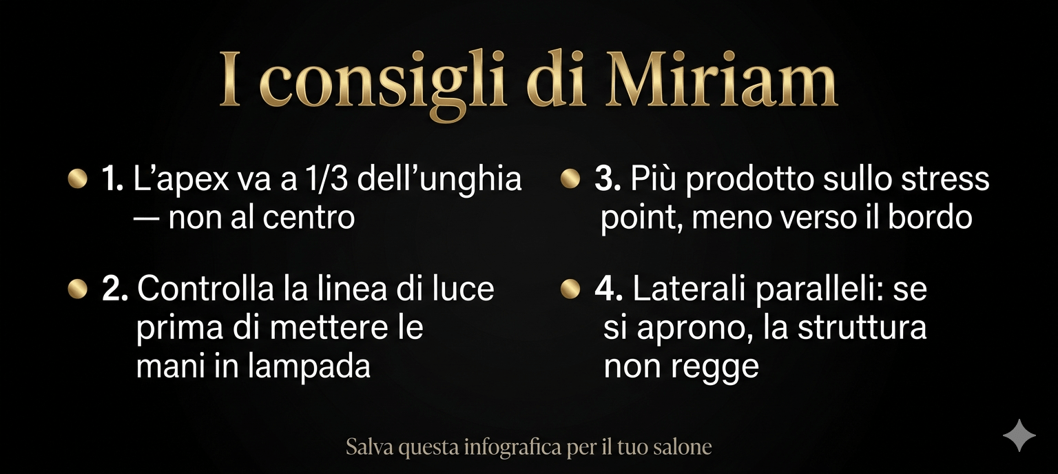 infografica I consigli di Miriam su come riconoscere una ricostruzione unghie fatta bene: struttura, apex, linea di luce, laterali